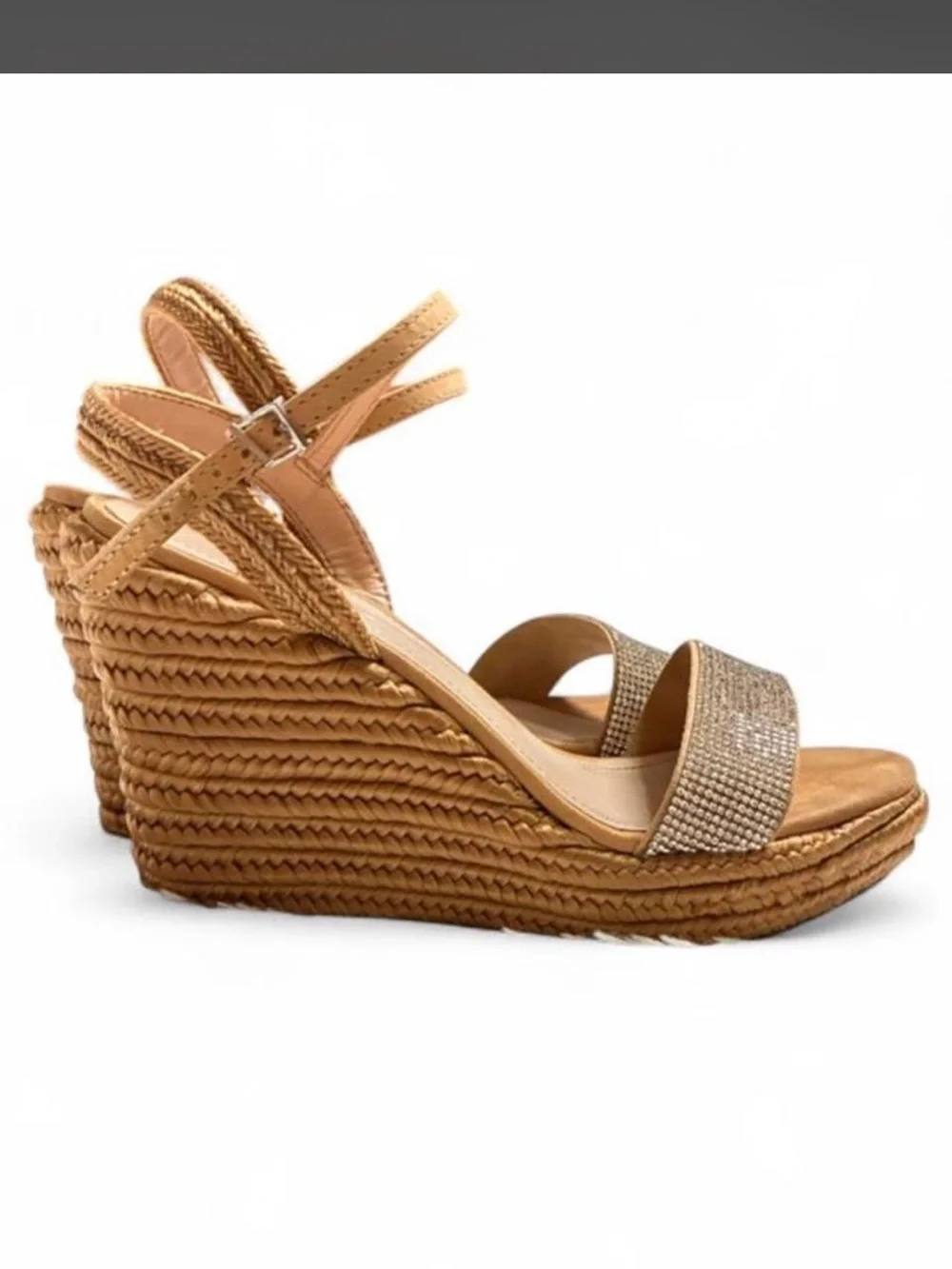 SCHÜTZ- tan & brown wedge sandals with rhinestone straps- Size: 35Br.